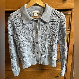 Rachel Zoe Open Knit Womens Cardigan Sweater Small Pale Blue Crochet Cottagecore